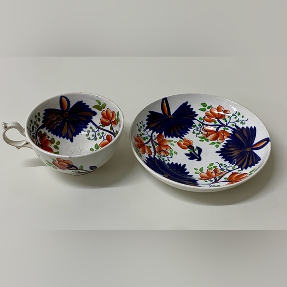 19th Century Antique Gaudy Welsh Butterfly Pattern Hand Painted Cup & Saucer Set - Picture 8 of 16